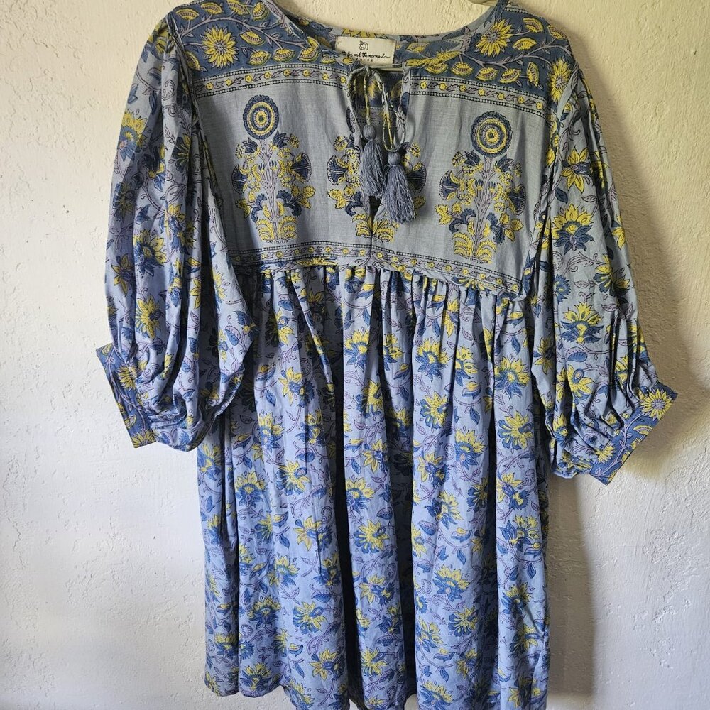 Boho Floral Peasant Dress in Light Blue and Yellow